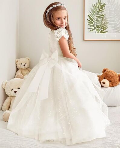 Glitter Tulle Flower Girl Dresses for Wedding Long Formal Dresses Puffy Sleeves Sequin First Communion Ball Gown in Saudi Arabia