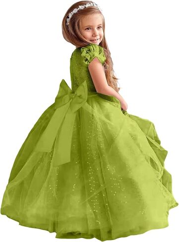 Glitter Tulle Flower Girl Dresses for Wedding Long Formal Dresses Puffy Sleeves Sequin First Communion Ball Gown in Saudi Arabia