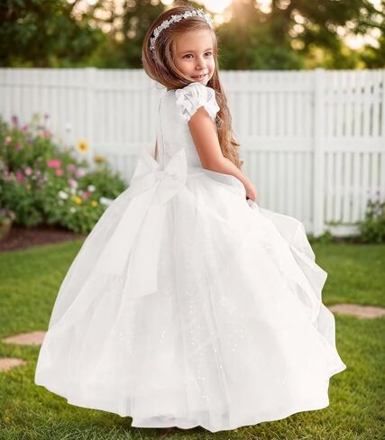 Glitter Tulle Flower Girl Dresses for Wedding Long Formal Dresses Puffy Sleeves Sequin First Communion Ball Gown in Saudi Arabia