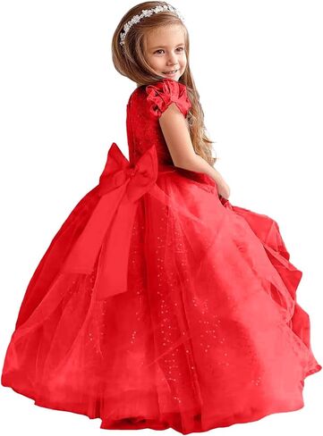 Glitter Tulle Flower Girl Dresses for Wedding Long Formal Dresses Puffy Sleeves Sequin First Communion Ball Gown in Saudi Arabia