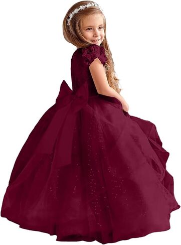 Glitter Tulle Flower Girl Dresses for Wedding Long Formal Dresses Puffy Sleeves Sequin First Communion Ball Gown in Saudi Arabia