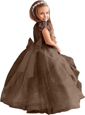 Glitter Tulle Flower Girl Dresses for Wedding Long Formal Dresses Puffy Sleeves Sequin First Communion Ball Gown in Saudi Arabia