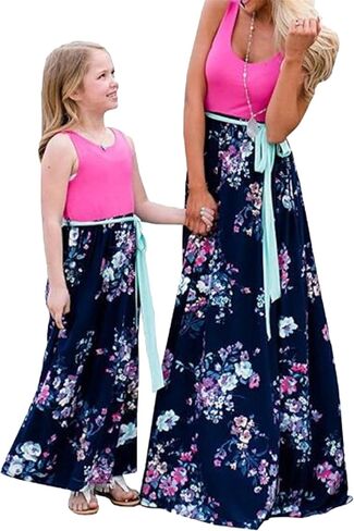 EFOFEI Mom and Me Dresses Matching Summer Floral Dress Round Neck Sleeveless Family Dress in Saudi Arabia