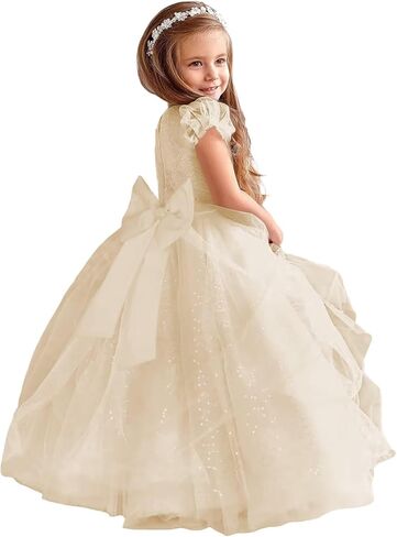 Glitter Tulle Flower Girl Dresses for Wedding Long Formal Dresses Puffy Sleeves Sequin First Communion Ball Gown in Saudi Arabia