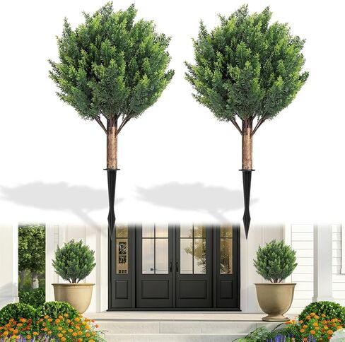 Shinoske 23" Boxwood Topiary Balls Christmas Tree Artificial Outdoor,Set of 2 Outdoor Fake Bushes Plant with Ground Spike,UV Resistant Artificial Plants for Garden,Porch,Yard,Balcony Decor in Saudi Arabia