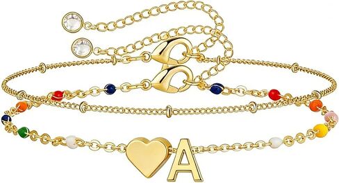 M MOOHAM Easter Gifts for Kids Toddlers Teens - Easter Basket Stuffers Dainty Heart Initial Bracelet 14K-Gold-Plated Bracelet Colorful Link Charm Bracelets Jewelry Birthday Gifts for Kids Teen Girls in Saudi Arabia