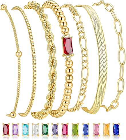 M MOOHAM Gold Birthstone Bracelets Stack for Women - 14K Real Gold Plated Beaded Bracelets Rope Paperclip Chain Stackable Bracelet Non Tarnish, Friendship Birthday Jewelry Gifts for Women Teen in Saudi Arabia