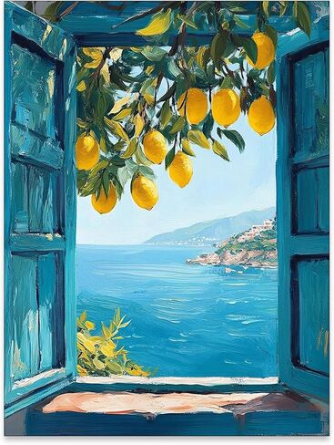 Mediterranean Window View Wall Art Coastal Lemon Tree Canvas Prints Blue Seascape Posters Modern Nature Landscape Pictures for Bedroom Living Room Office Decor 12x16 In Unframed in Saudi Arabia