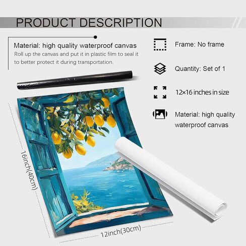 Mediterranean Window View Wall Art Coastal Lemon Tree Canvas Prints Blue Seascape Posters Modern Nature Landscape Pictures for Bedroom Living Room Office Decor 12x16 In Unframed in Saudi Arabia