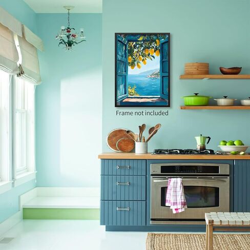Mediterranean Window View Wall Art Coastal Lemon Tree Canvas Prints Blue Seascape Posters Modern Nature Landscape Pictures for Bedroom Living Room Office Decor 12x16 In Unframed in Saudi Arabia