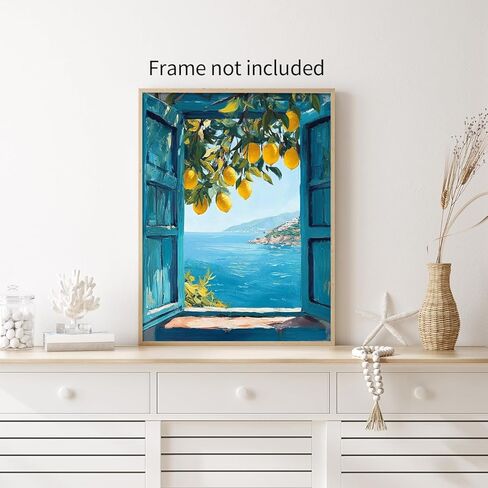 Mediterranean Window View Wall Art Coastal Lemon Tree Canvas Prints Blue Seascape Posters Modern Nature Landscape Pictures for Bedroom Living Room Office Decor 12x16 In Unframed in Saudi Arabia