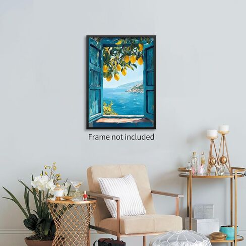 Mediterranean Window View Wall Art Coastal Lemon Tree Canvas Prints Blue Seascape Posters Modern Nature Landscape Pictures for Bedroom Living Room Office Decor 12x16 In Unframed in Saudi Arabia