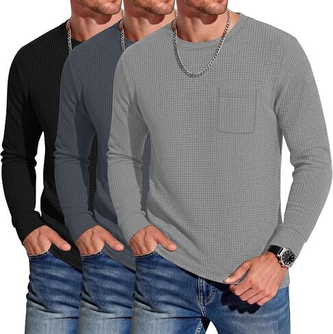 3 Pack Men's Waffle Long Sleeve Shirts Crew Neck Thermal Patch Pocket Underwear Tops Casual Pullover Layer in Saudi Arabia