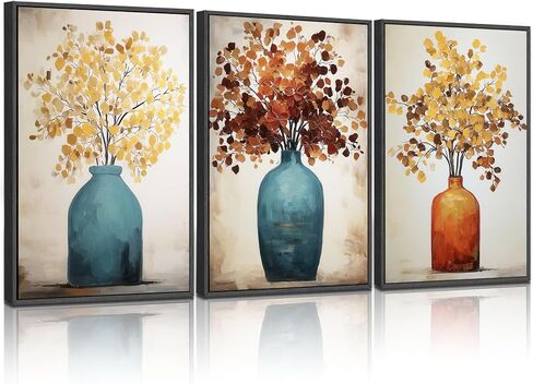 YCJKJDZ Framed Vintage Canvas Wall Art Set of 3 – Moody Flower Paintings, French Country Aesthetic Prints with Brown Leaves and Turquoise Blue Vases, Home Rustic Farmhouse Neutral Decor, 16x24 Inches. in Saudi Arabia