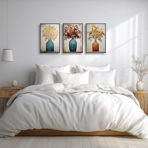 YCJKJDZ Framed Vintage Canvas Wall Art Set of 3 – Moody Flower Paintings, French Country Aesthetic Prints with Brown Leaves and Turquoise Blue Vases, Home Rustic Farmhouse Neutral Decor, 16x24 Inches. in Saudi Arabia