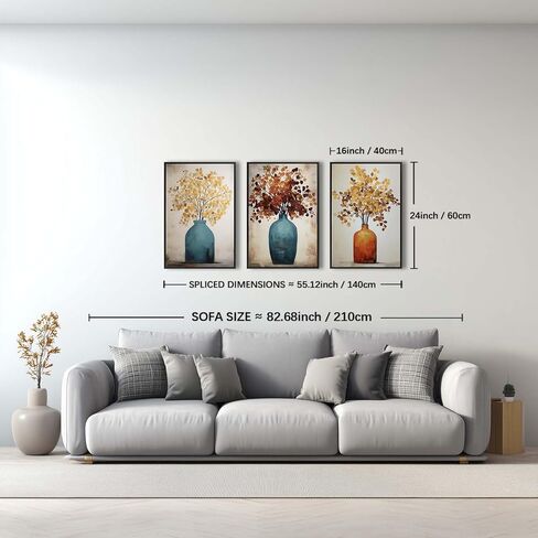YCJKJDZ Framed Vintage Canvas Wall Art Set of 3 – Moody Flower Paintings, French Country Aesthetic Prints with Brown Leaves and Turquoise Blue Vases, Home Rustic Farmhouse Neutral Decor, 16x24 Inches. in Saudi Arabia