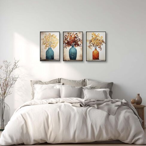YCJKJDZ Framed Vintage Canvas Wall Art Set of 3 – Moody Flower Paintings, French Country Aesthetic Prints with Brown Leaves and Turquoise Blue Vases, Home Rustic Farmhouse Neutral Decor, 16x24 Inches. in Saudi Arabia