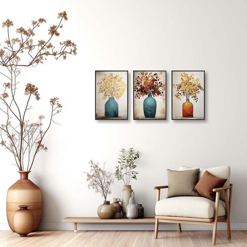 YCJKJDZ Framed Vintage Canvas Wall Art Set of 3 – Moody Flower Paintings, French Country Aesthetic Prints with Brown Leaves and Turquoise Blue Vases, Home Rustic Farmhouse Neutral Decor, 16x24 Inches. in Saudi Arabia