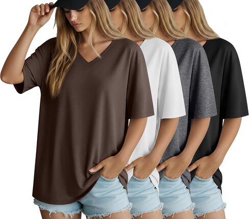 4 Pack Women's Oversized Short Sleeve T Shirts Cotton V Neck Tops Casual Basic Summer Loose Tees Workout Gym Shirts in Saudi Arabia