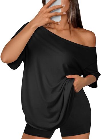 ATHMILE Off The Shoulder Tops for Women 2026 Y2K Loose Fit Tops Oversized Tshirts Fashion Going Out Outfits Casual Basic Tees in Saudi Arabia