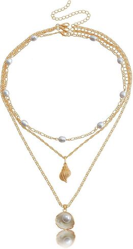 مجموعة قلادات محارة من اللؤلؤ والأصداف متعددة الطبقات - مثالية لأسلوب الشاطئ، وهدايا أعياد الميلاد والعطلات، والمجوهرات النسائية المكدسة in Kuwait