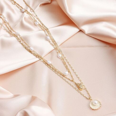 مجموعة قلادات محارة من اللؤلؤ والأصداف متعددة الطبقات - مثالية لأسلوب الشاطئ، وهدايا أعياد الميلاد والعطلات، والمجوهرات النسائية المكدسة in Kuwait