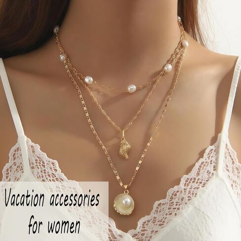 مجموعة قلادات محارة من اللؤلؤ والأصداف متعددة الطبقات - مثالية لأسلوب الشاطئ، وهدايا أعياد الميلاد والعطلات، والمجوهرات النسائية المكدسة in Kuwait