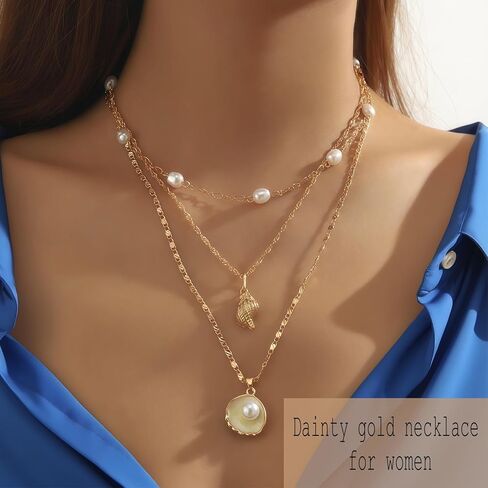 مجموعة قلادات محارة من اللؤلؤ والأصداف متعددة الطبقات - مثالية لأسلوب الشاطئ، وهدايا أعياد الميلاد والعطلات، والمجوهرات النسائية المكدسة in Kuwait