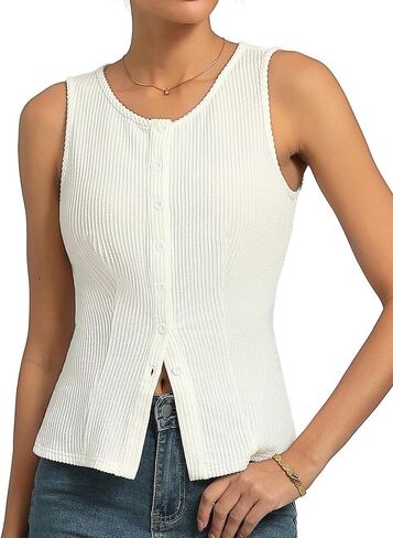 Kate Kasin Women Summer Going Out Tank Tops Y2K, Button Up Sleeveless Top, Ribbed Knit Sweater Vest Trendy in Saudi Arabia