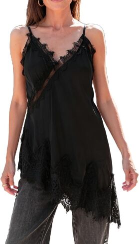 Women Fairy Grunge Lace Trim Satin Long Camisole Y2k Spaghetti Strap Low Cut Backless Slip Dress Going Out Layering Top in Saudi Arabia