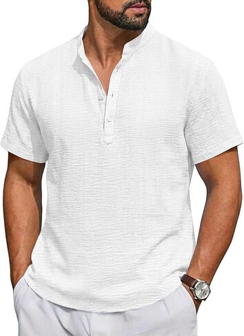 Runcati Mens Casual Henley Shirt Short Sleeve Band Collar Textured Shirts Summer Beach Hippie T-Shirts in Saudi Arabia