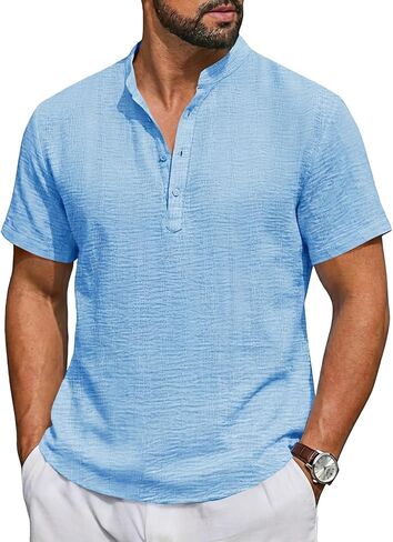 Runcati Mens Casual Henley Shirt Short Sleeve Band Collar Textured Shirts Summer Beach Hippie T-Shirts in Saudi Arabia