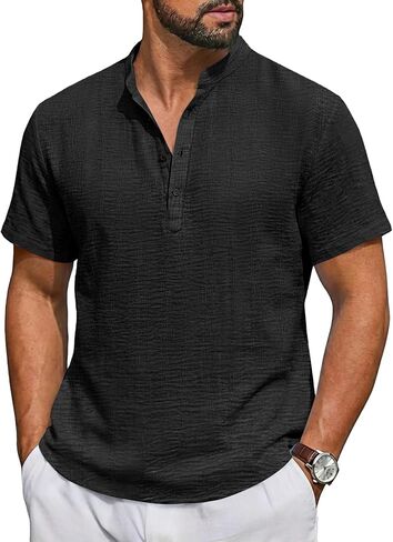 Runcati Mens Casual Henley Shirt Short Sleeve Band Collar Textured Shirts Summer Beach Hippie T-Shirts in Saudi Arabia