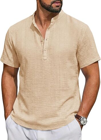 Runcati Mens Casual Henley Shirt Short Sleeve Band Collar Textured Shirts Summer Beach Hippie T-Shirts in Saudi Arabia