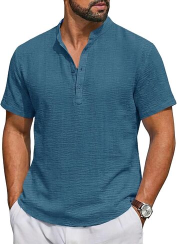 Runcati Mens Casual Henley Shirt Short Sleeve Band Collar Textured Shirts Summer Beach Hippie T-Shirts in Saudi Arabia