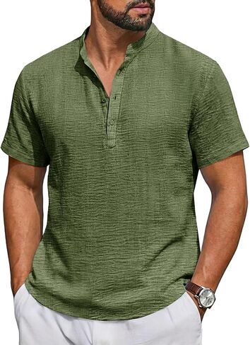 Runcati Mens Casual Henley Shirt Short Sleeve Band Collar Textured Shirts Summer Beach Hippie T-Shirts in Saudi Arabia