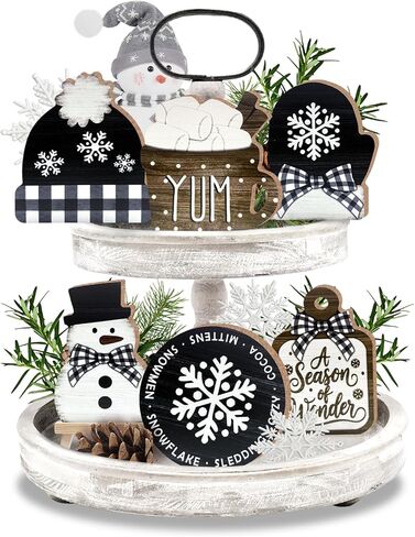 11 Pcs Winter Snowman Tiered Tray Decor, Black White Buffalo Plaid Snowflake Farmhouse Wood Decorations Set, Let It Snow Christmas Rustic Wooden Decorative Signs for Home Table Shelf in Saudi Arabia
