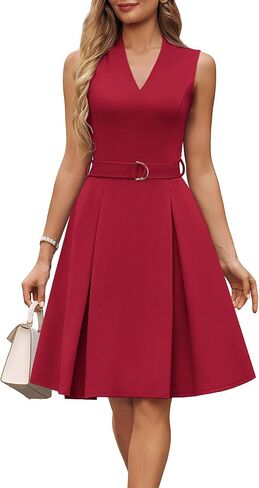 GRACE KARIN Work Dresses for Women 2026 V Neck Fit and Flare Midi Dresses Office Business Dress with Belt and Pockets in Saudi Arabia
