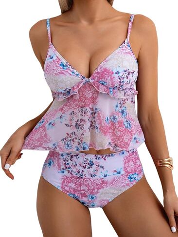 ZAFUL Tankini المايوه للنساء الخامس الرقبة كشكش الأزهار البطن التحكم بيكيني ملابس السباحة 2 قطعة عالية قطع ثوب السباحة in Saudi Arabia