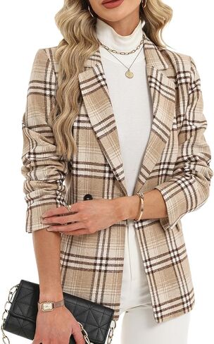 ELLEVEN Women's Houndstooth Plaid Tweed Blazer, Casual Trendy Double-Breasted Suit Jacket with Pockets Fully Lined in Saudi Arabia