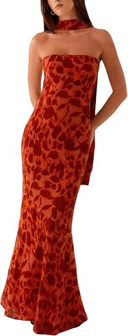 Women's Strapless Floral Dresses with Scarf Mesh Tube Maxi Dress Spring Summer Wedding Guest Cocktail Beach Party in Kuwait