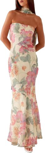 Women's Strapless Floral Dresses with Scarf Mesh Tube Maxi Dress Spring Summer Wedding Guest Cocktail Beach Party in Saudi Arabia