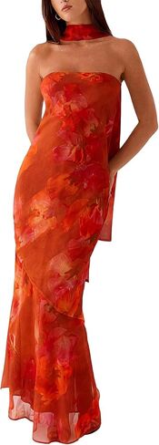 Women's Strapless Floral Dresses with Scarf Mesh Tube Maxi Dress Spring Summer Wedding Guest Cocktail Beach Party in Saudi Arabia