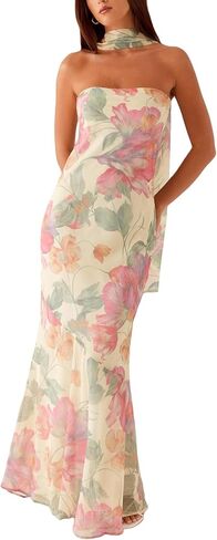 Women's Strapless Floral Dresses with Scarf Mesh Tube Maxi Dress Spring Summer Wedding Guest Cocktail Beach Party in Saudi Arabia