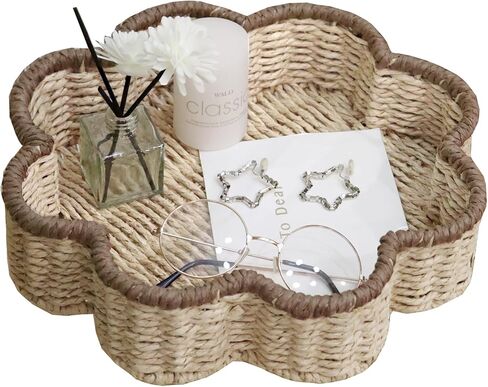 GYASVWU صينية حبل ورقية صدفية، صواني خوص للديكور، سلال ضحلة للتخزين، صينية الروطان لطاولة القهوة/غرفة المعيشة/منظمة غرفة النوم (بيج + بني) in Kuwait