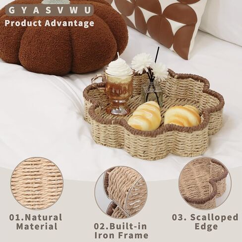 GYASVWU صينية حبل ورقية صدفية، صواني خوص للديكور، سلال ضحلة للتخزين، صينية الروطان لطاولة القهوة/غرفة المعيشة/منظمة غرفة النوم (بيج + بني) in Kuwait