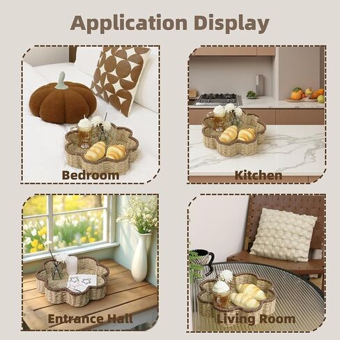 GYASVWU صينية حبل ورقية صدفية، صواني خوص للديكور، سلال ضحلة للتخزين، صينية الروطان لطاولة القهوة/غرفة المعيشة/منظمة غرفة النوم (بيج + بني) in Kuwait