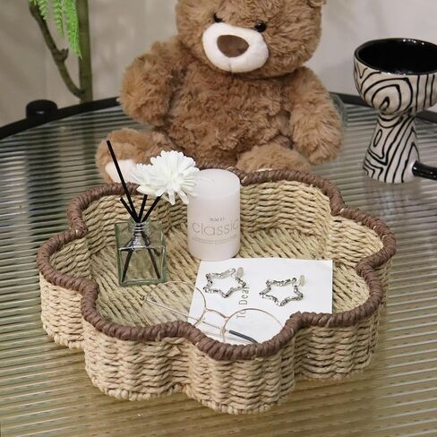 GYASVWU صينية حبل ورقية صدفية، صواني خوص للديكور، سلال ضحلة للتخزين، صينية الروطان لطاولة القهوة/غرفة المعيشة/منظمة غرفة النوم (بيج + بني) in Kuwait