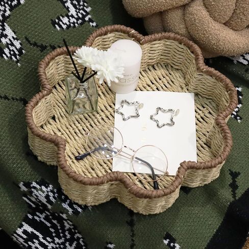 GYASVWU صينية حبل ورقية صدفية، صواني خوص للديكور، سلال ضحلة للتخزين، صينية الروطان لطاولة القهوة/غرفة المعيشة/منظمة غرفة النوم (بيج + بني) in Kuwait