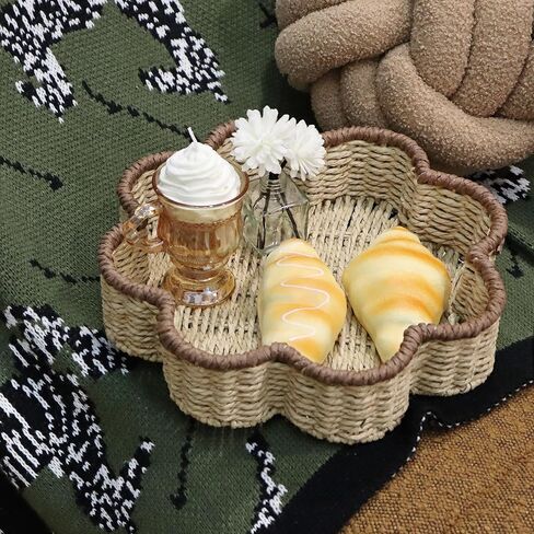 GYASVWU صينية حبل ورقية صدفية، صواني خوص للديكور، سلال ضحلة للتخزين، صينية الروطان لطاولة القهوة/غرفة المعيشة/منظمة غرفة النوم (بيج + بني) in Kuwait